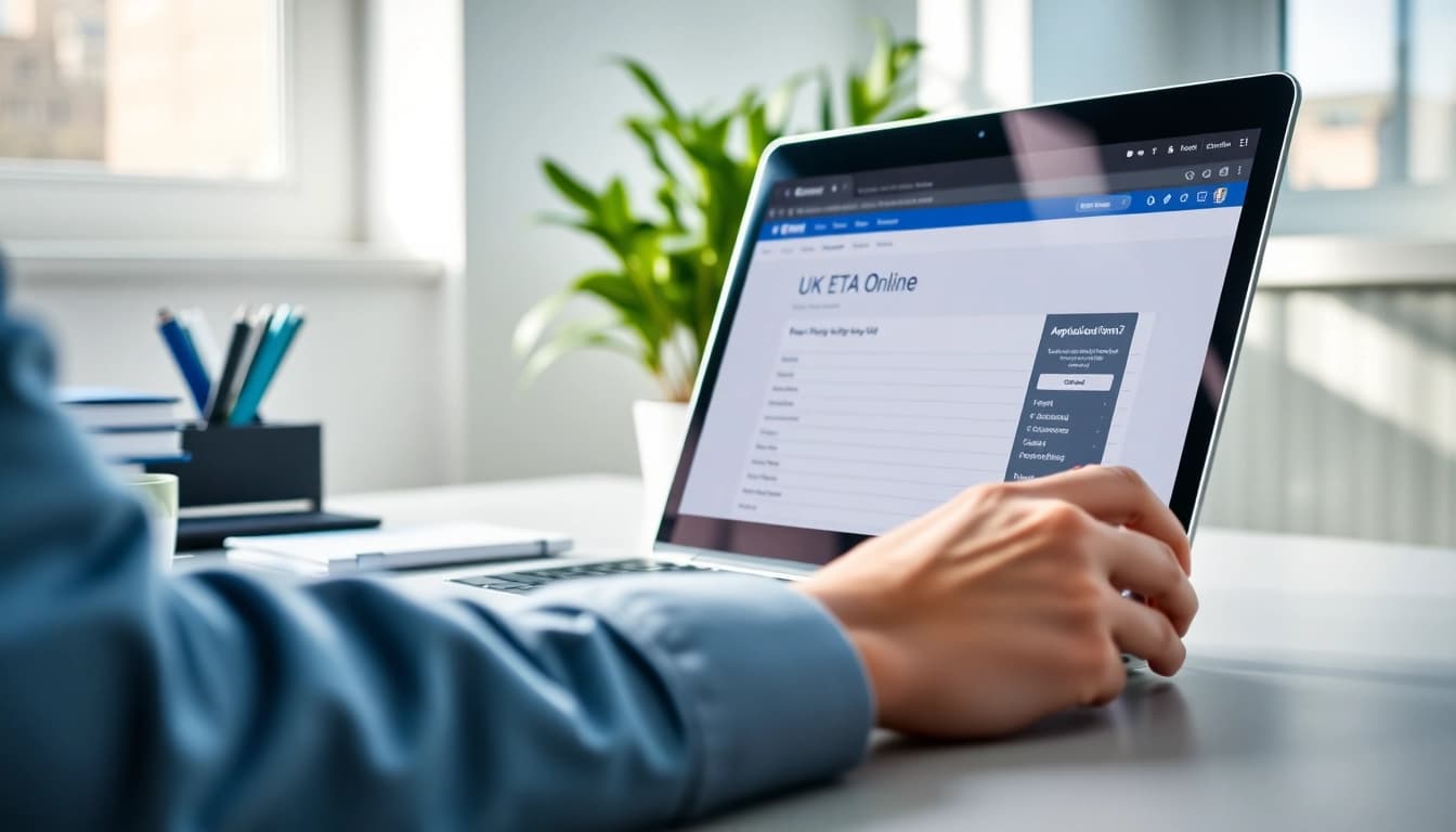 Submit your uk eta online application efficiently with a focused traveler at a desk.