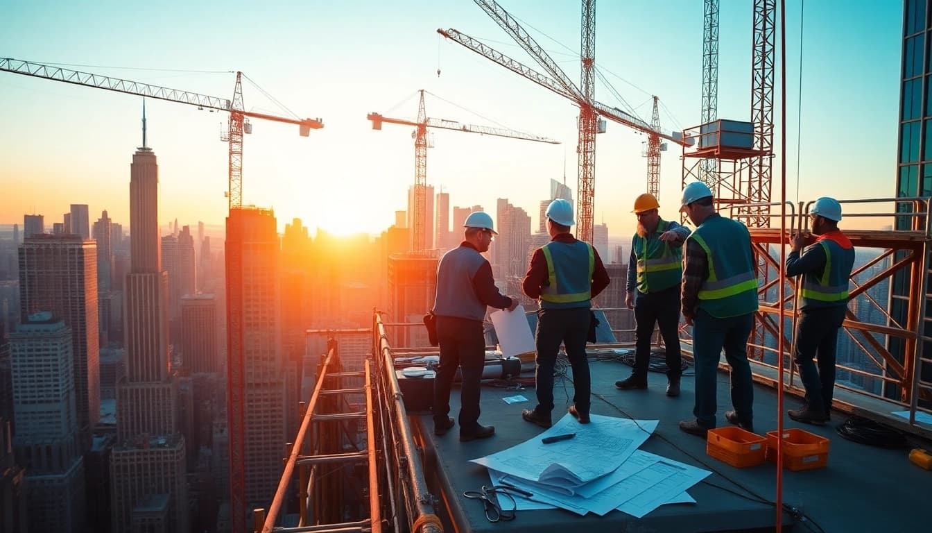 New York General Contractor overseeing a construction project in the city skyline.
