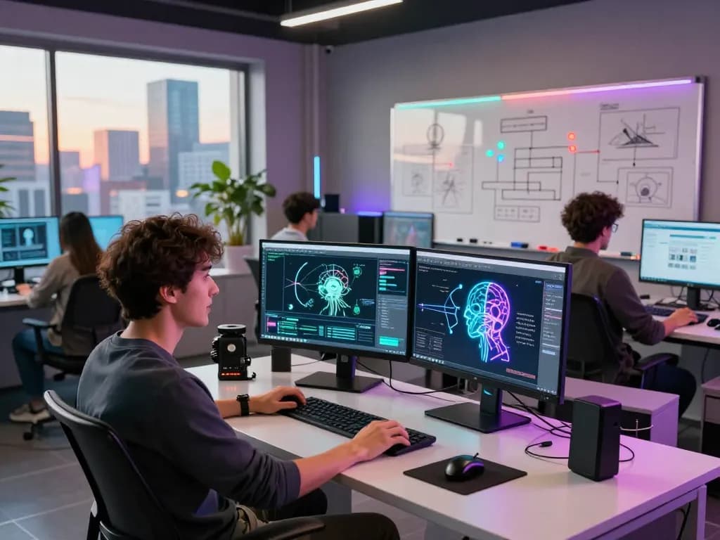 Mind control animation studio where AI technology enhances creativity, featuring dynamic workstations and collaboration.