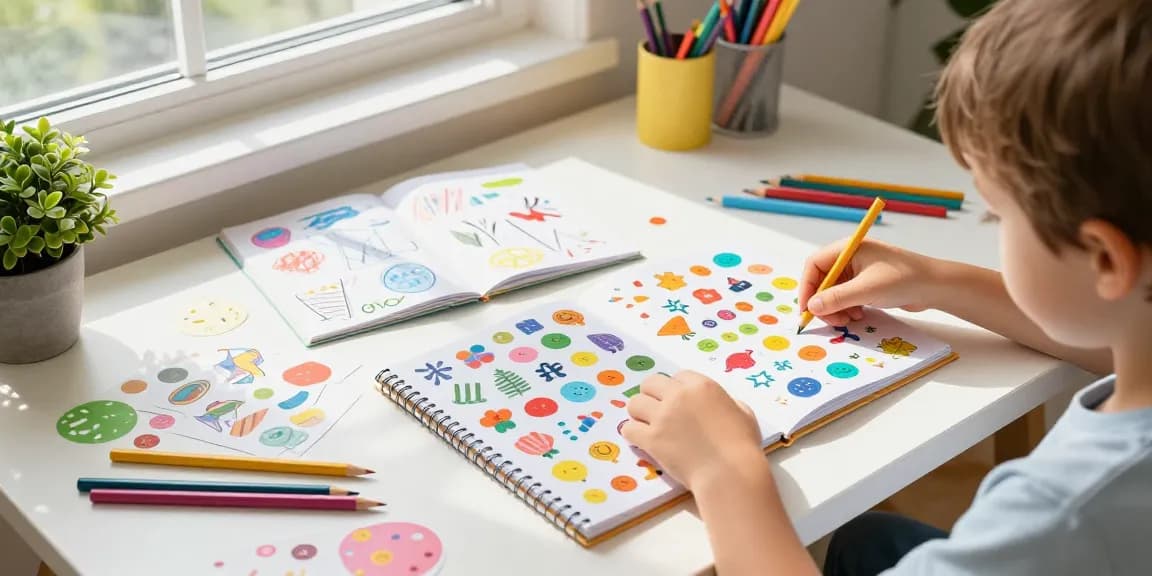Child joyfully playing with a reusable sticker book, colorful stickers scattered around.