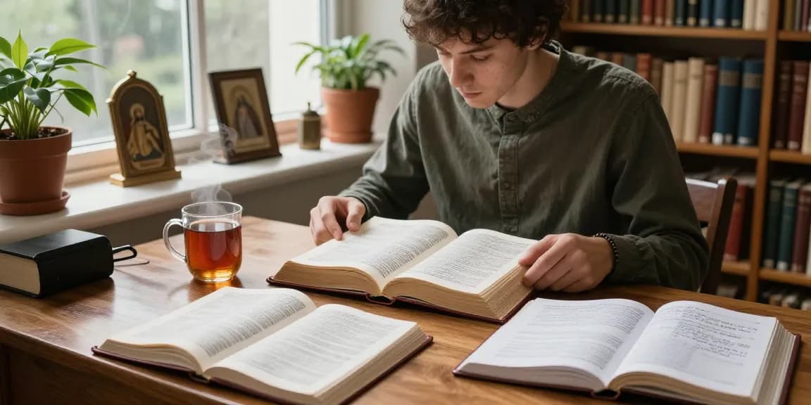 Individual studying Revelation in a cozy library, showcasing Indie Pen Press' clarity-focused journey.