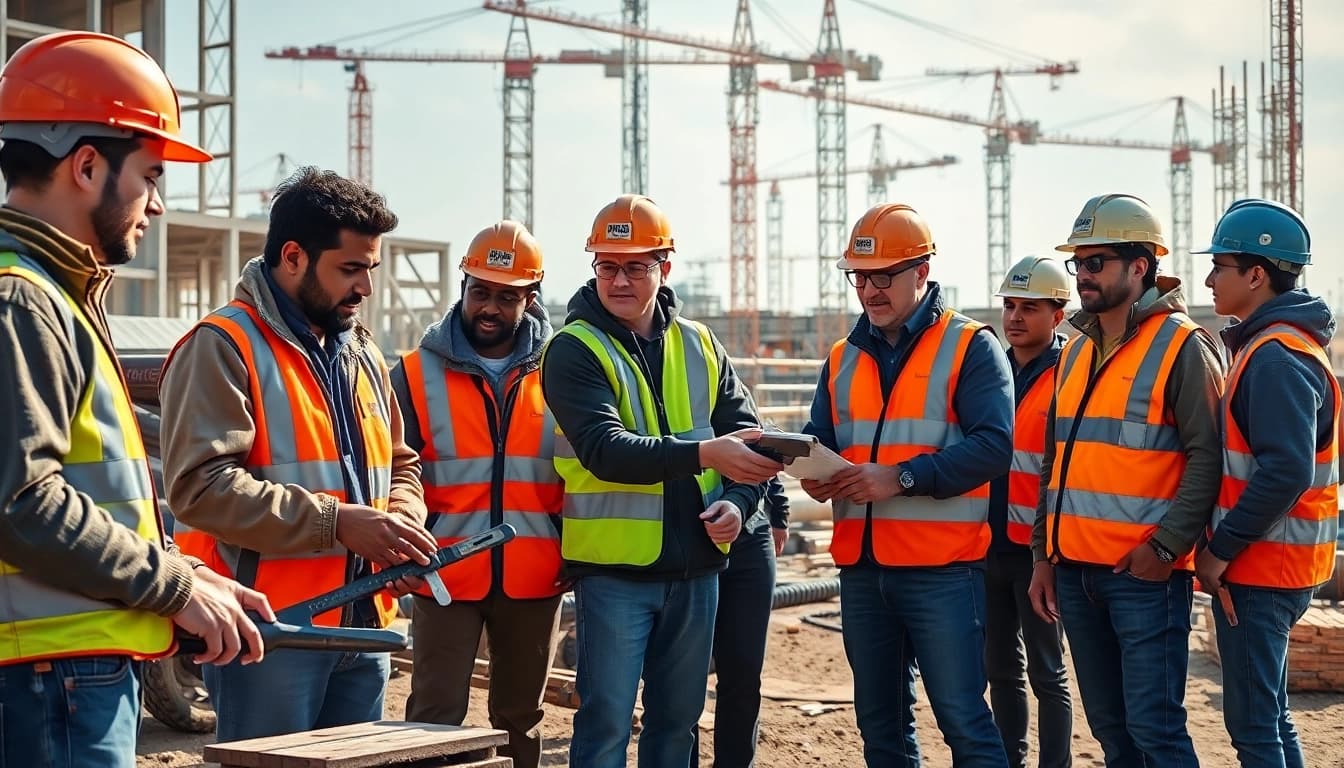 Engaged trainees in a construction apprenticeship learning hands-on skills on a busy job site.