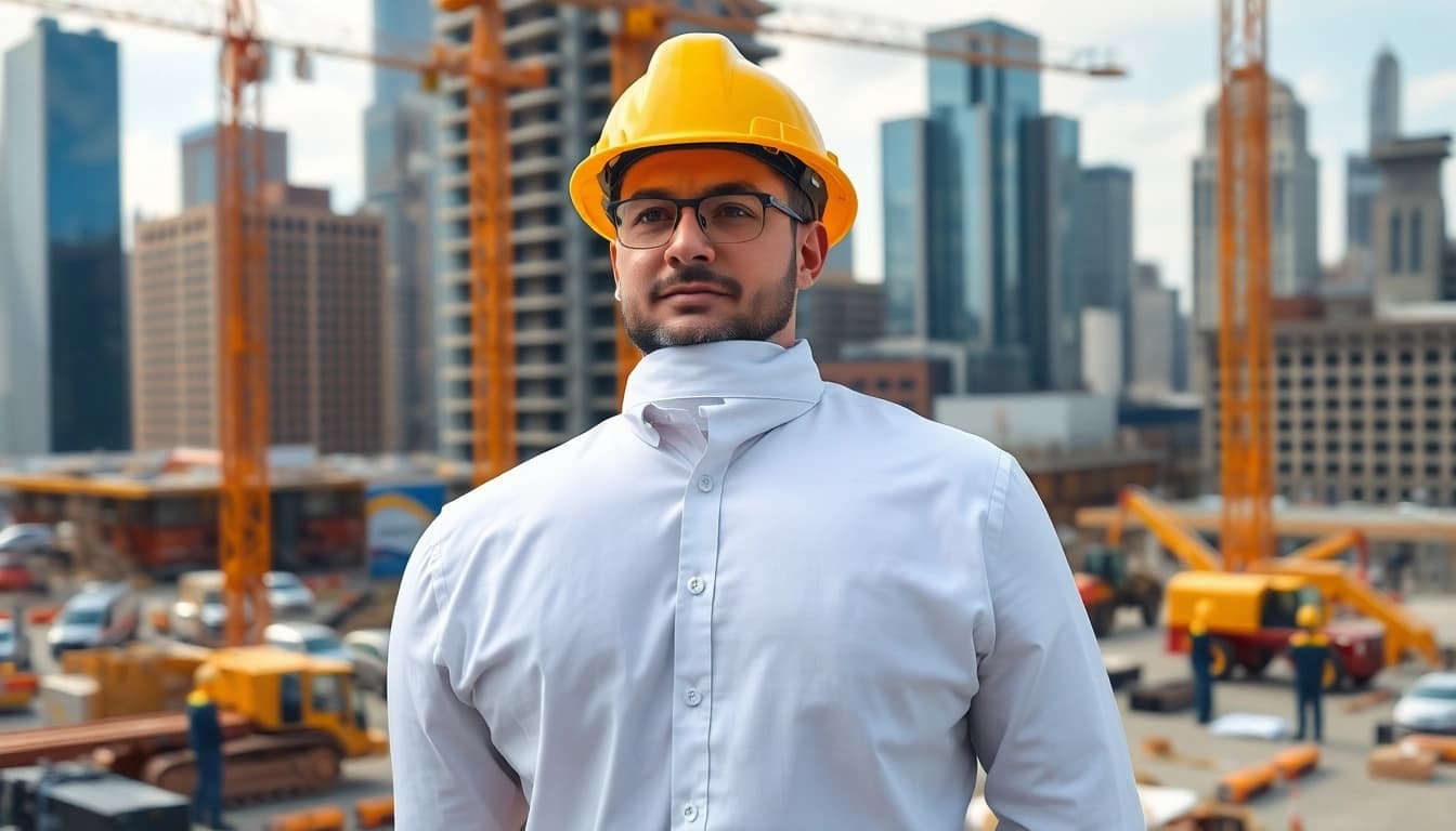 New York Construction Manager supervising a bustling construction site in an urban environment.