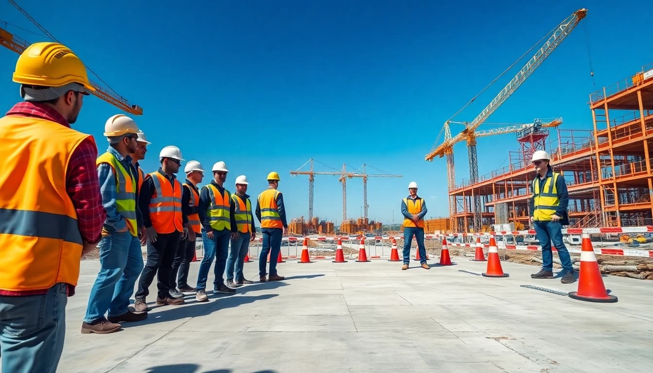 Promote construction site safety through teamwork and proper gear in a vibrant construction setting.
