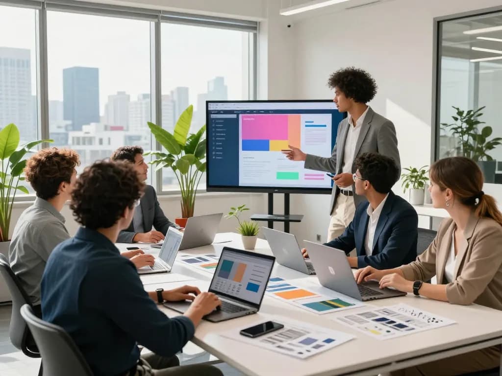 Professional team collaborating at a Web Design Agency meeting, sharing ideas and designs in a vibrant office.
