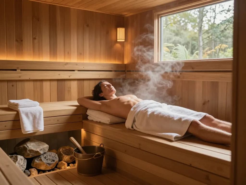 Experience sauna 3D relaxation with a serene interior, soft lighting, and aromatic cedar wood.