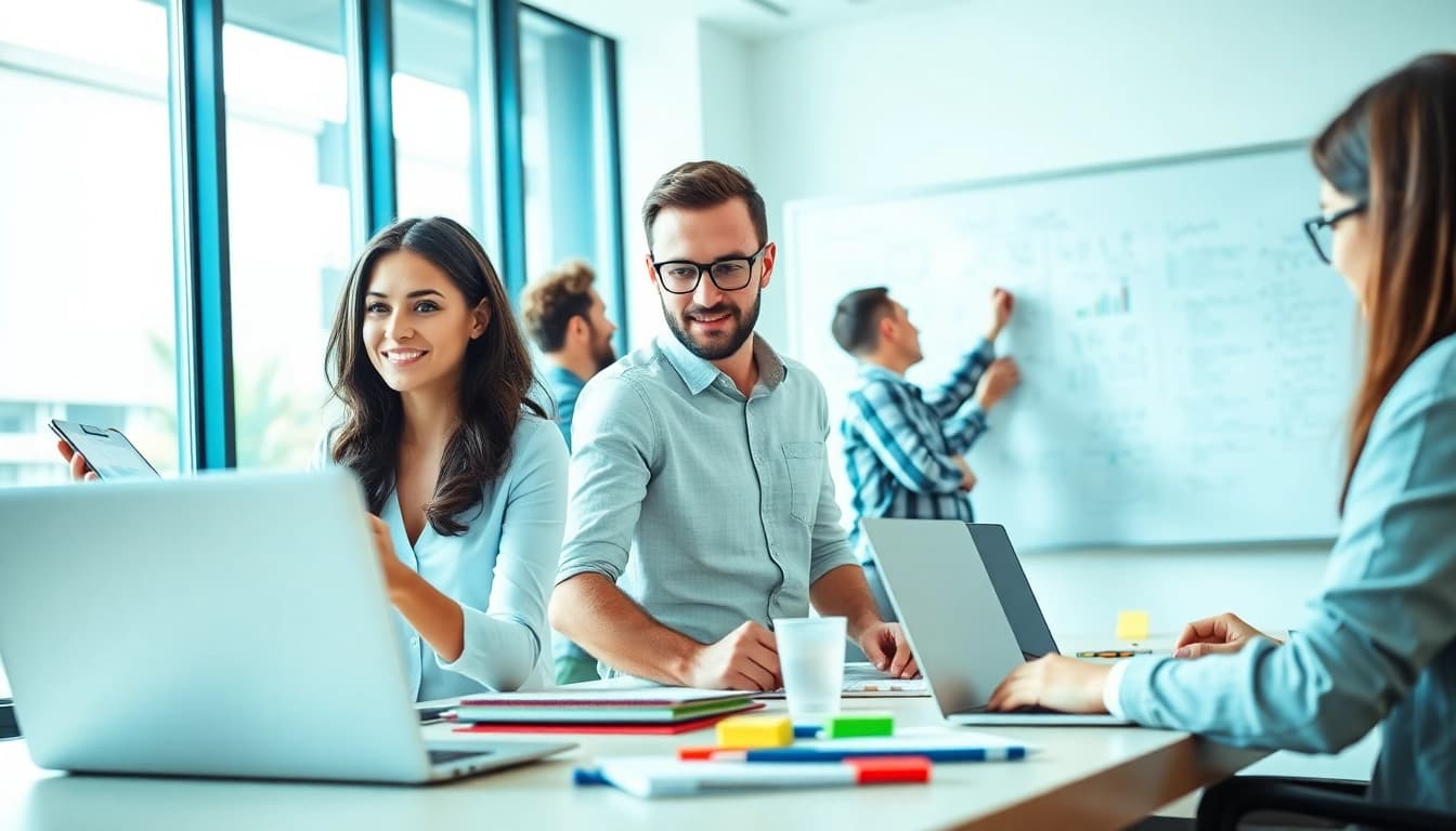 Engaged professionals collaborating to achieve their ideal career in a bright office.