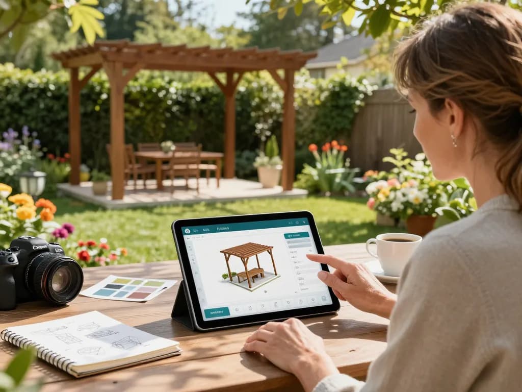 Engaged user designing a custom pergola with advanced pergola configurator software in a picturesque garden.