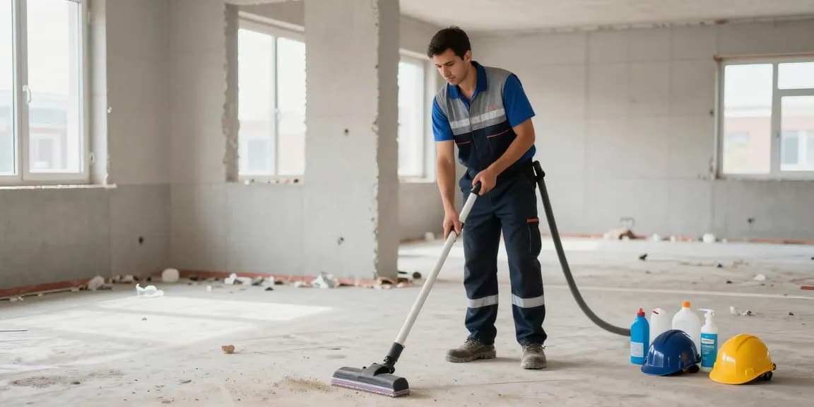 Professional cleaner at a construction site illustrating bauendreinigung preis with effective cleaning tools and bright workspace.