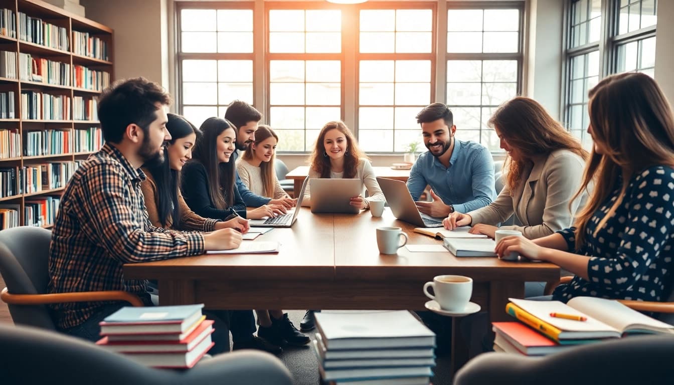 Students collaborate in a library, emphasizing the need to pay someone to take toefl with diverse study materials.