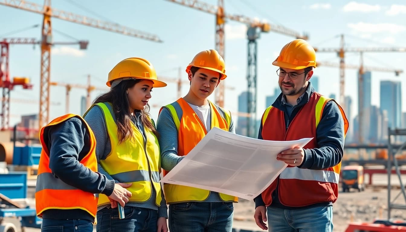 Young adults thriving in a construction apprenticeship, collaborating on blueprints at a vibrant job site.