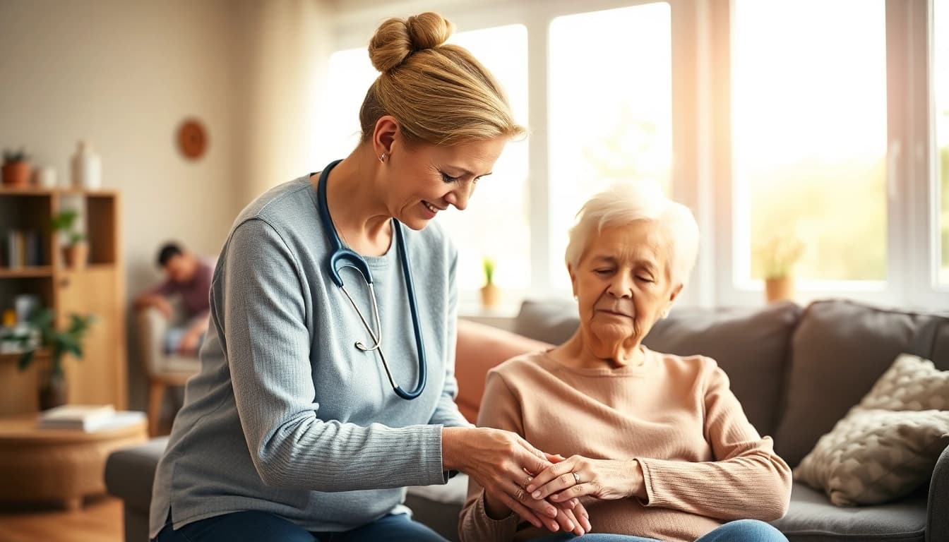 Offering compassionate in home senior care, a caregiver assists an elderly individual in a warm living space.