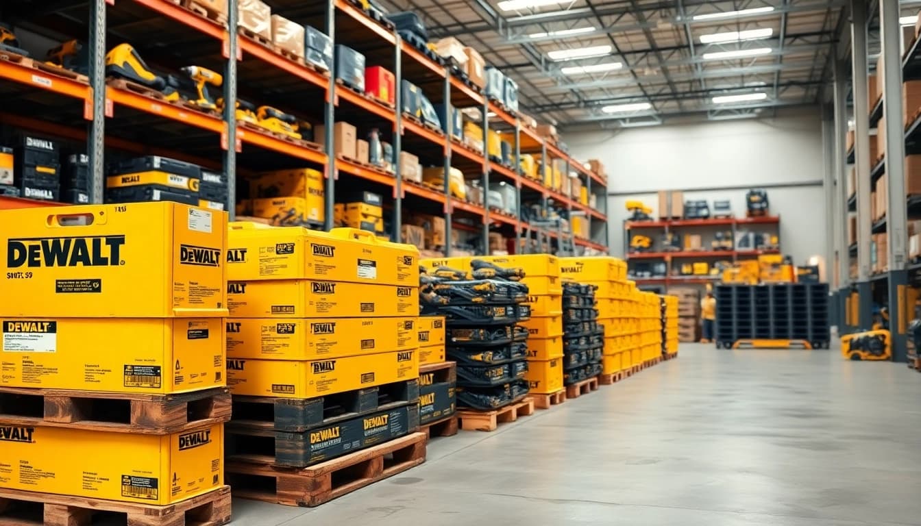 Explore Best Mix DeWalt Tools Pallets (50 Units) | Wholesale Liquidation & Nationwide Shipping in a vibrant warehouse setting.