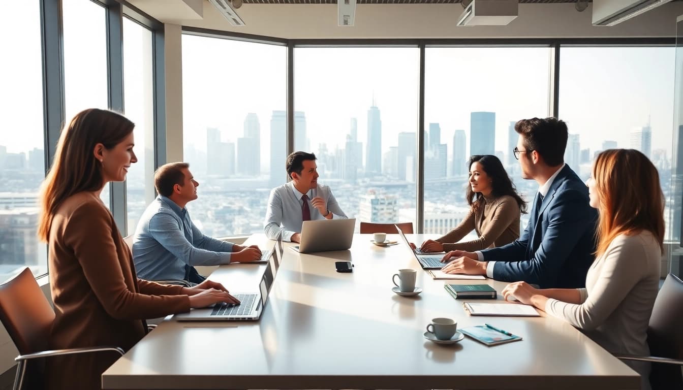 A business coach in a San Francisco office inspires diverse clients during a collaborative meeting.