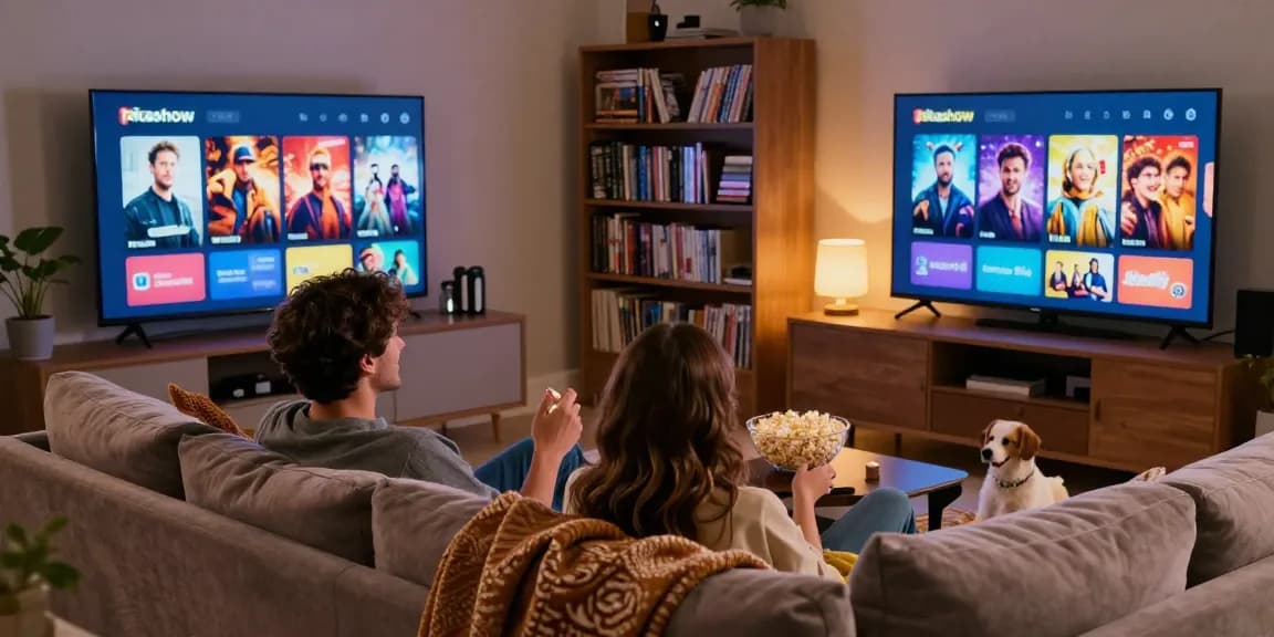 Pikashow app displayed on TV during movie night with popcorn and cozy atmosphere.