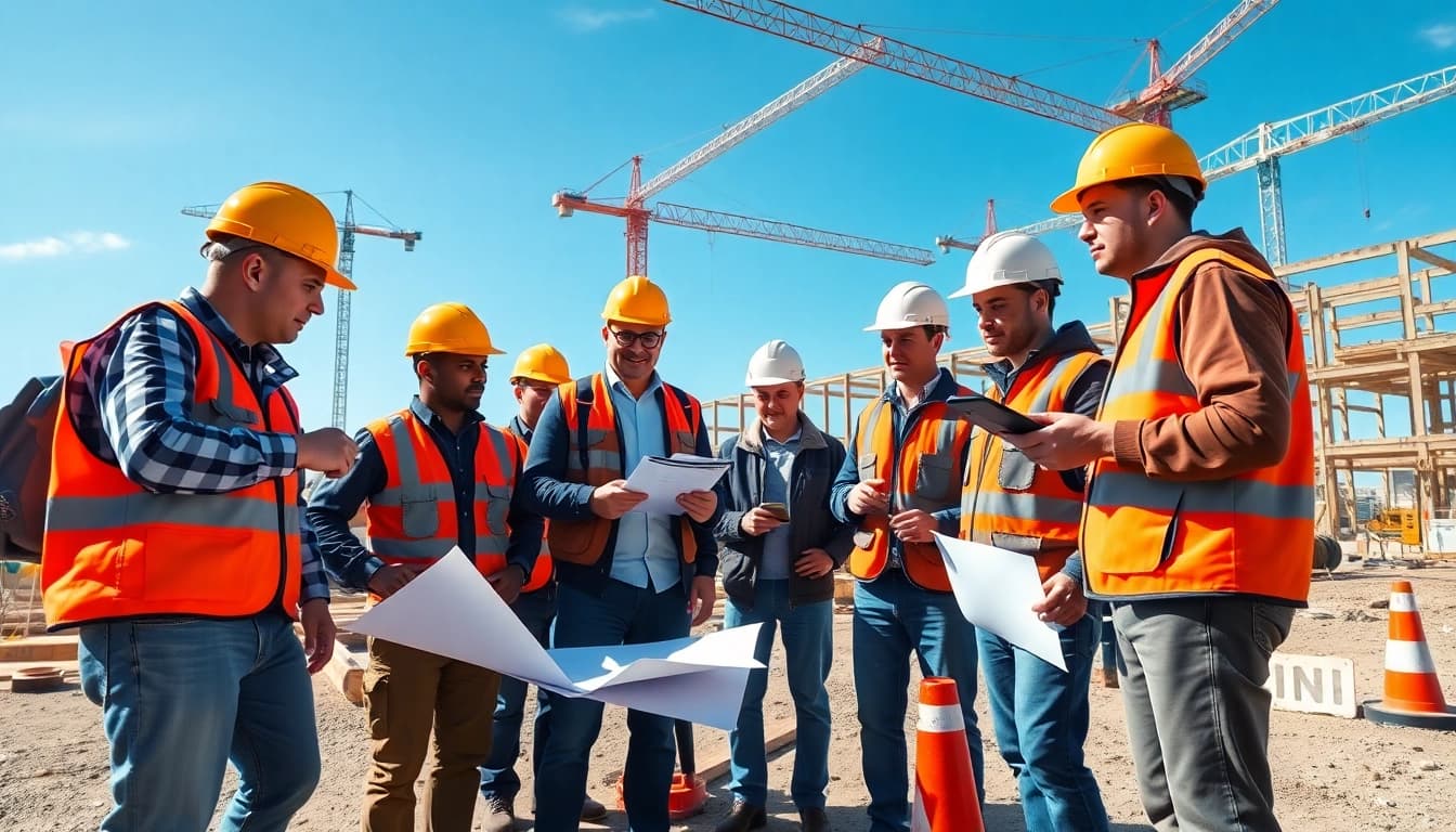 Participants in construction workforce training using tools and safety gear at a busy construction site.