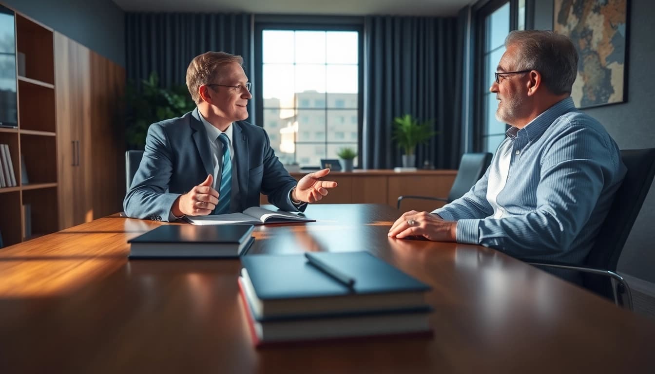 Clearwater truck accident lawyer consulting a relieved client in a modern office environment.