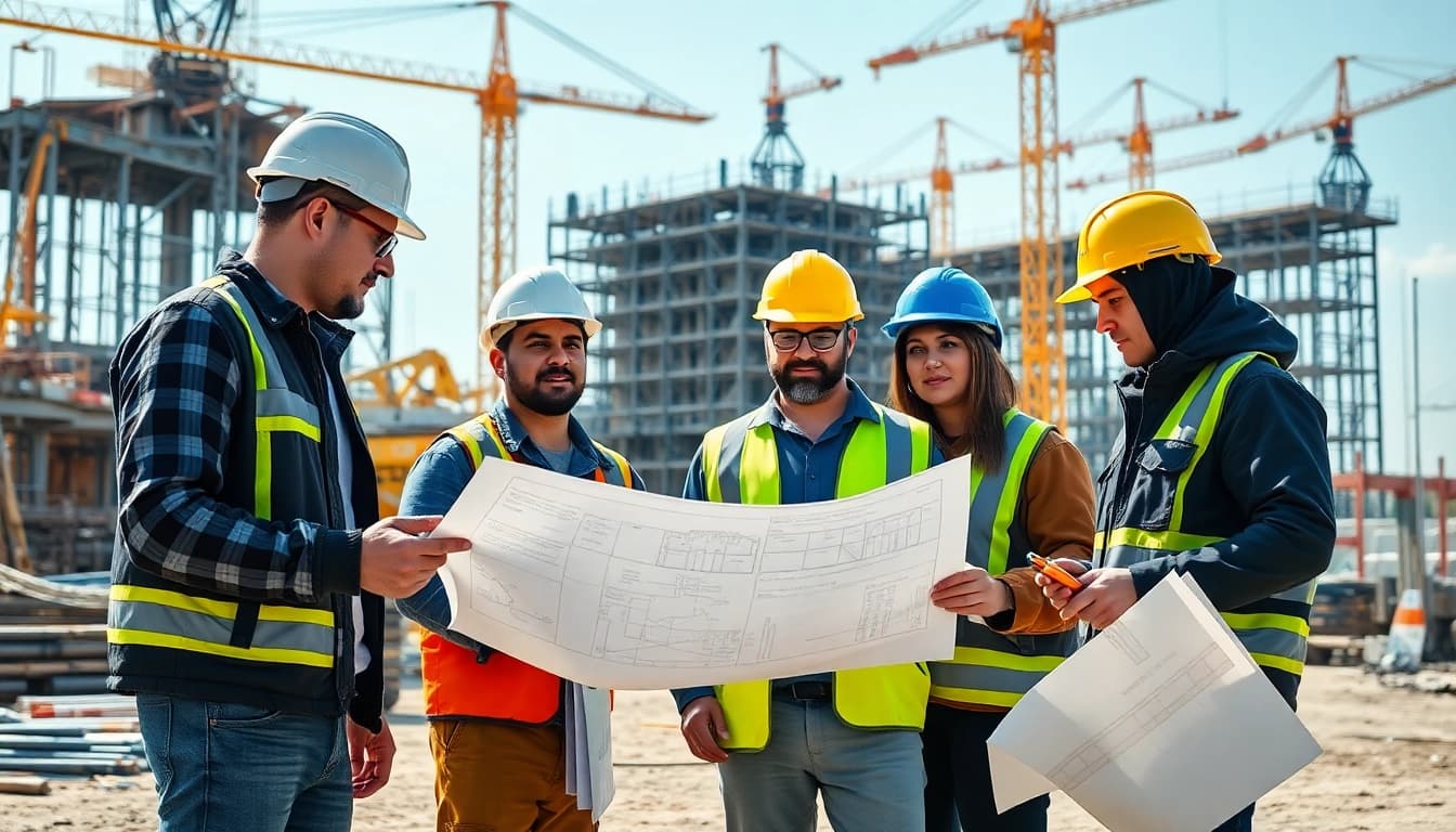 Illustration of construction workforce development highlighting teamwork among diverse workers.