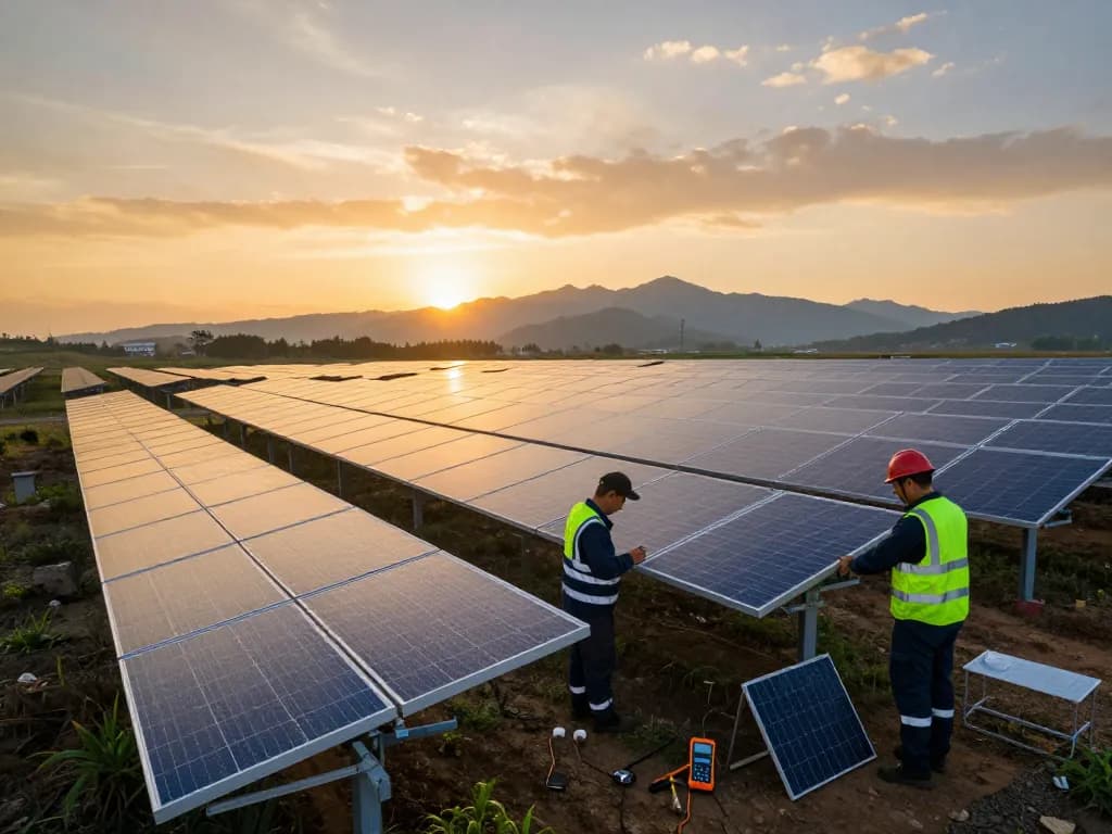 Bifaciální moduly – kdy se vyplatí, showcasing solar panels at sunrise with technicians examining installations.