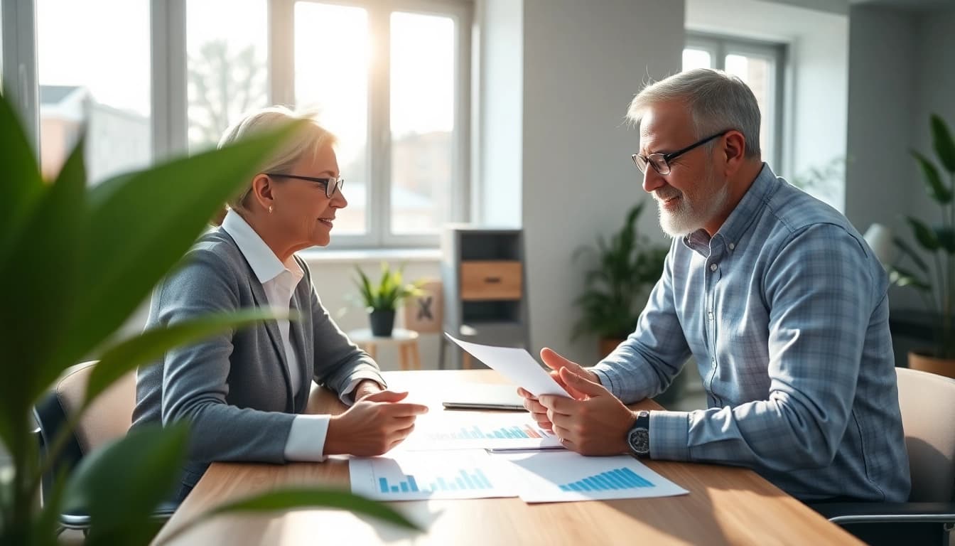 Discussing federal benefits options with a financial advisor in a bright office.
