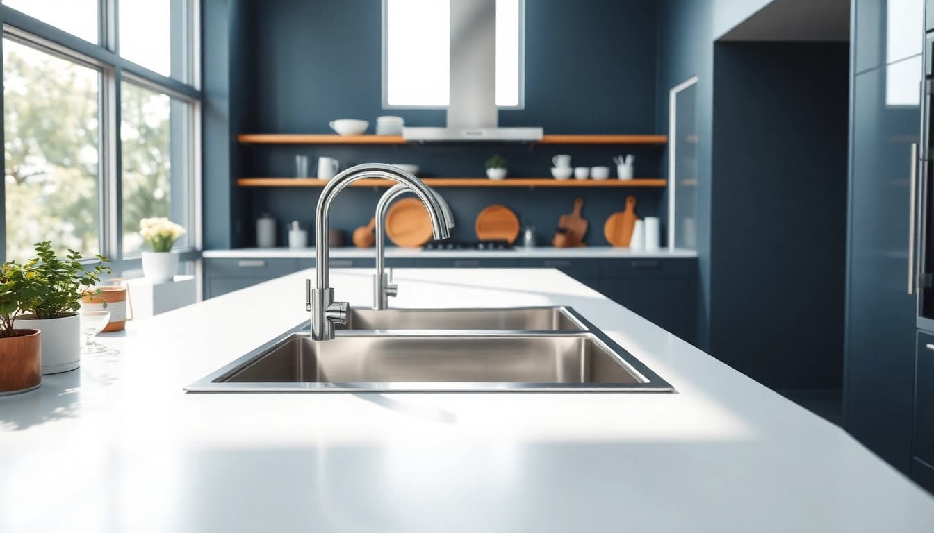 View of polished steel sinks stainless in a contemporary kitchen setup featuring minimalist accessories.