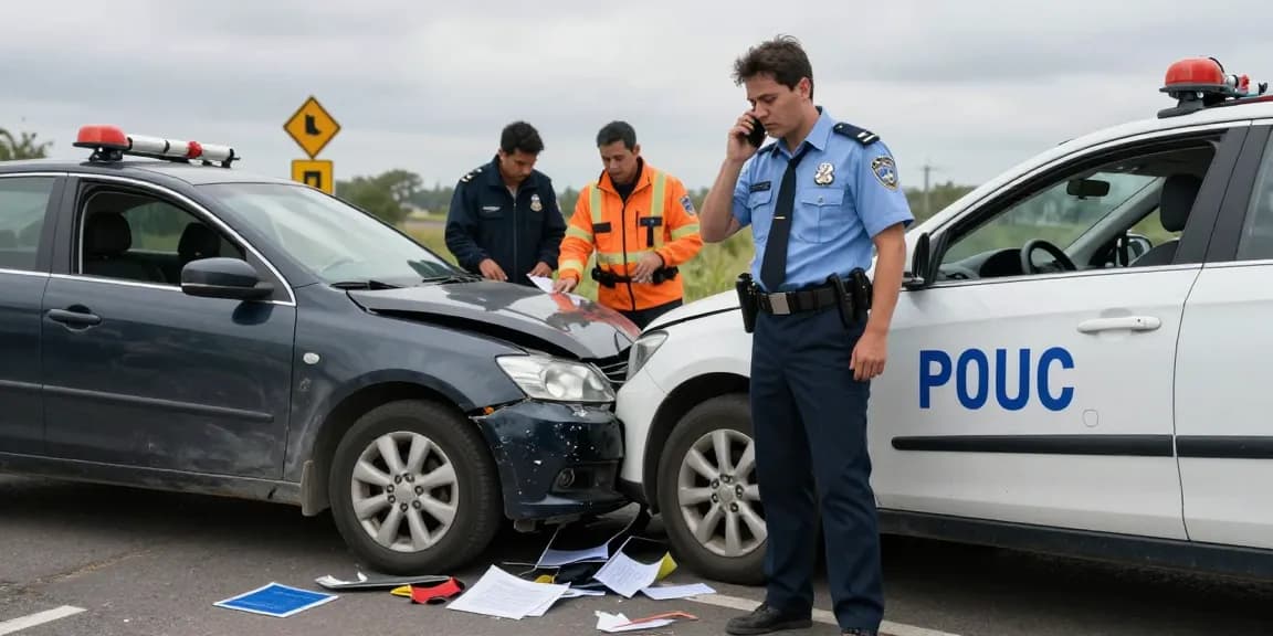 Vehicle accident report scenario showing a driver assessing damage and contacting authorities for assistance.