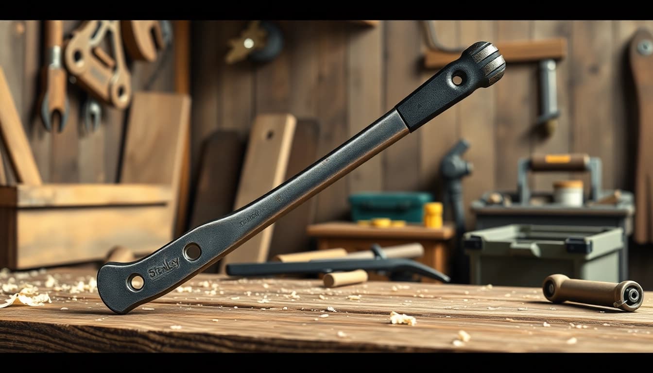 Use the Stanley pry bar to effortlessly lift materials in a workshop.