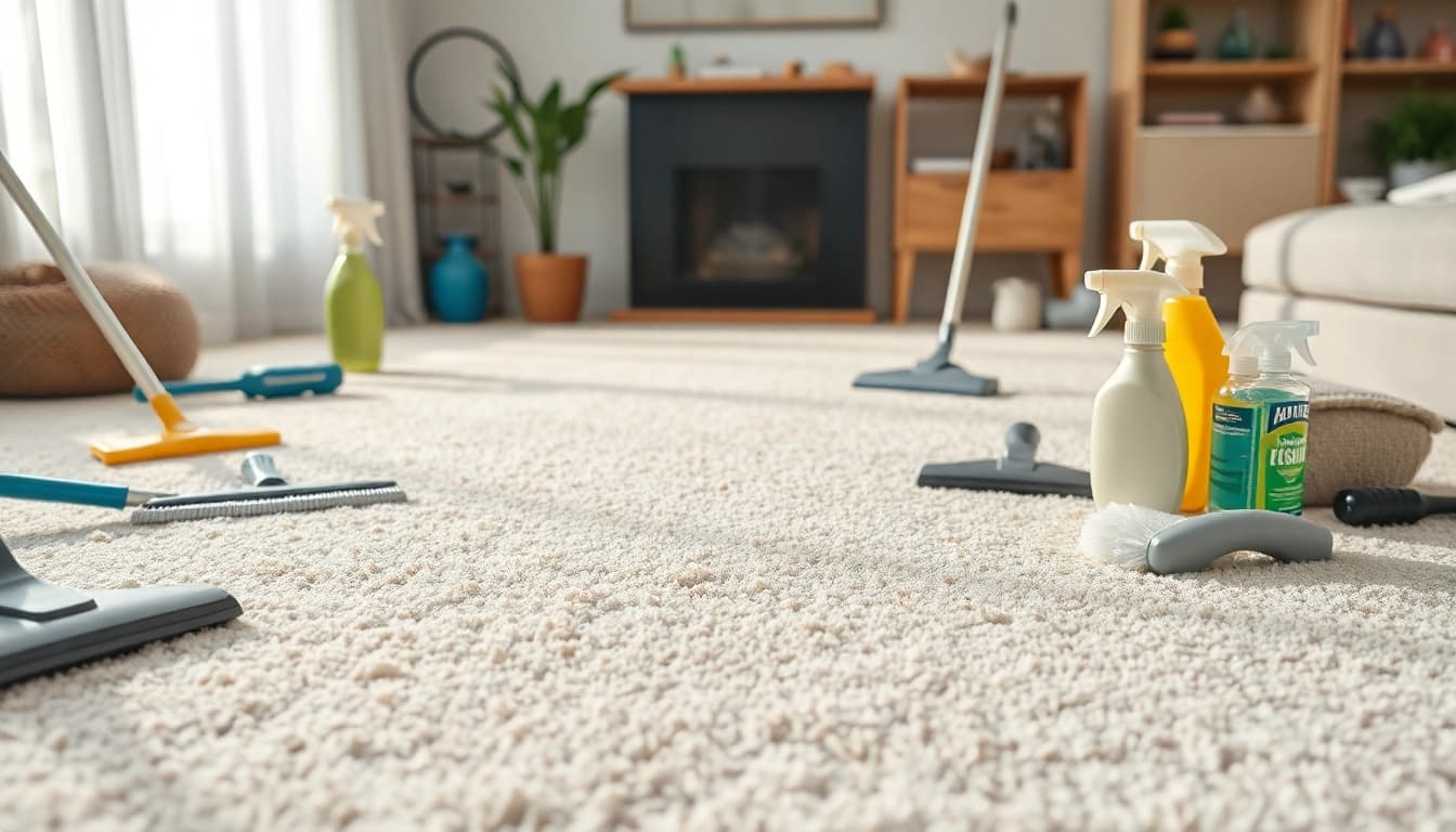 Carpet cleaning near me services displayed through professional tools and a clean carpet.