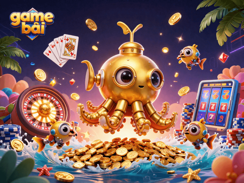 Play game bài with vibrant casino elements featuring a golden kraken and dynamic game symbols.