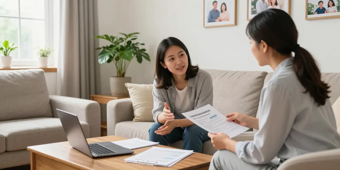 Couple discussing life insurance options with financial advisor in a cozy living room.