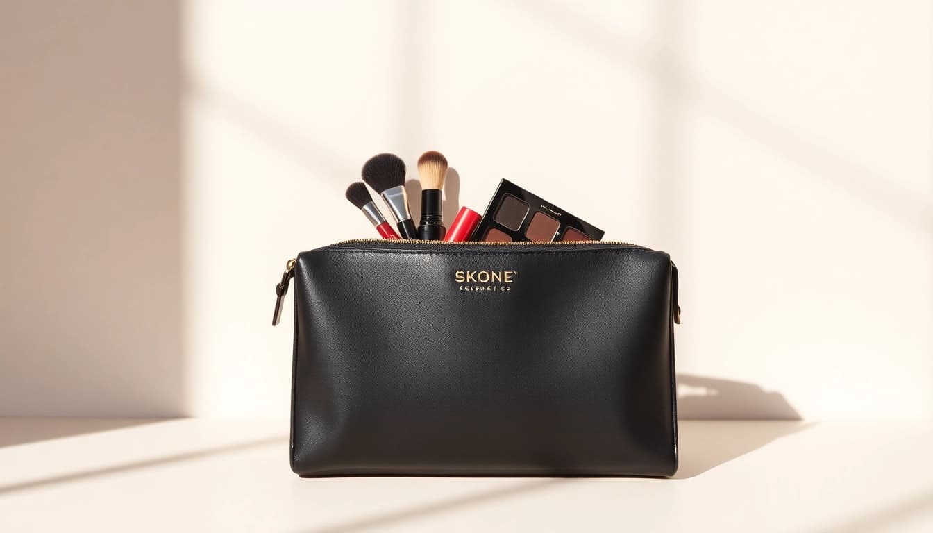 Showcase the skone cosmetics signature makeup bag filled with vibrant makeup essentials.