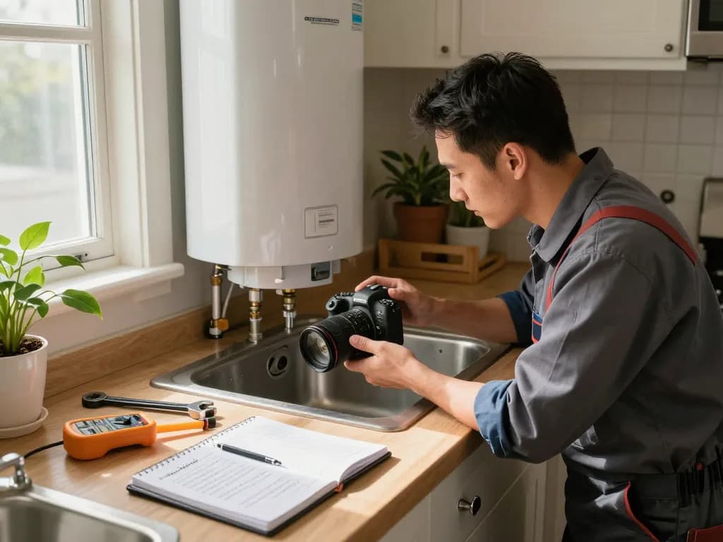 Technician performing water heater repair Rapid City in a well-lit kitchen.