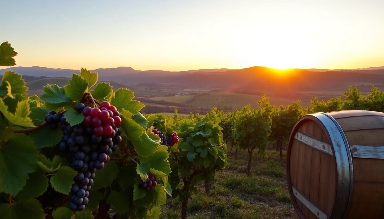 Enjoy the scenic beauty of Clarksburg wineries with lush grapes and a sunset backdrop.