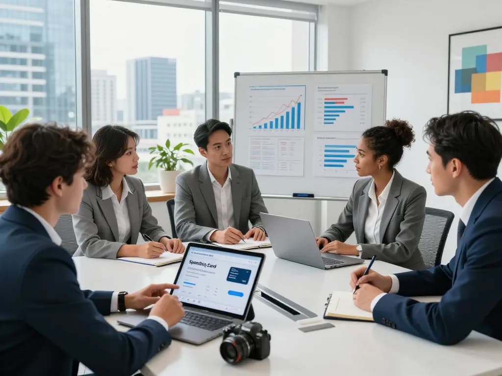 Team discussing Spending Card solutions in a modern office meeting space, showcasing innovation and collaboration.