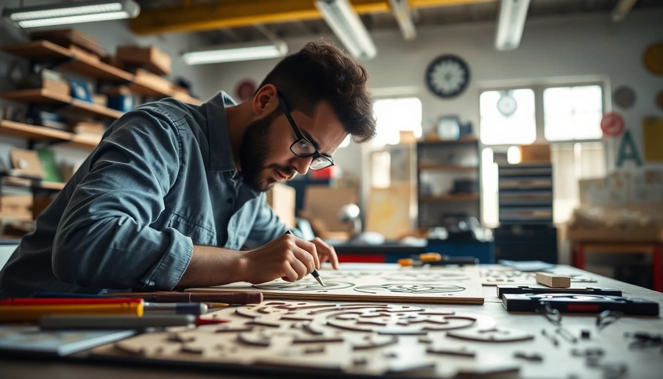 Creating intricate custom laser design in a bright workshop, showcasing craftsmanship.