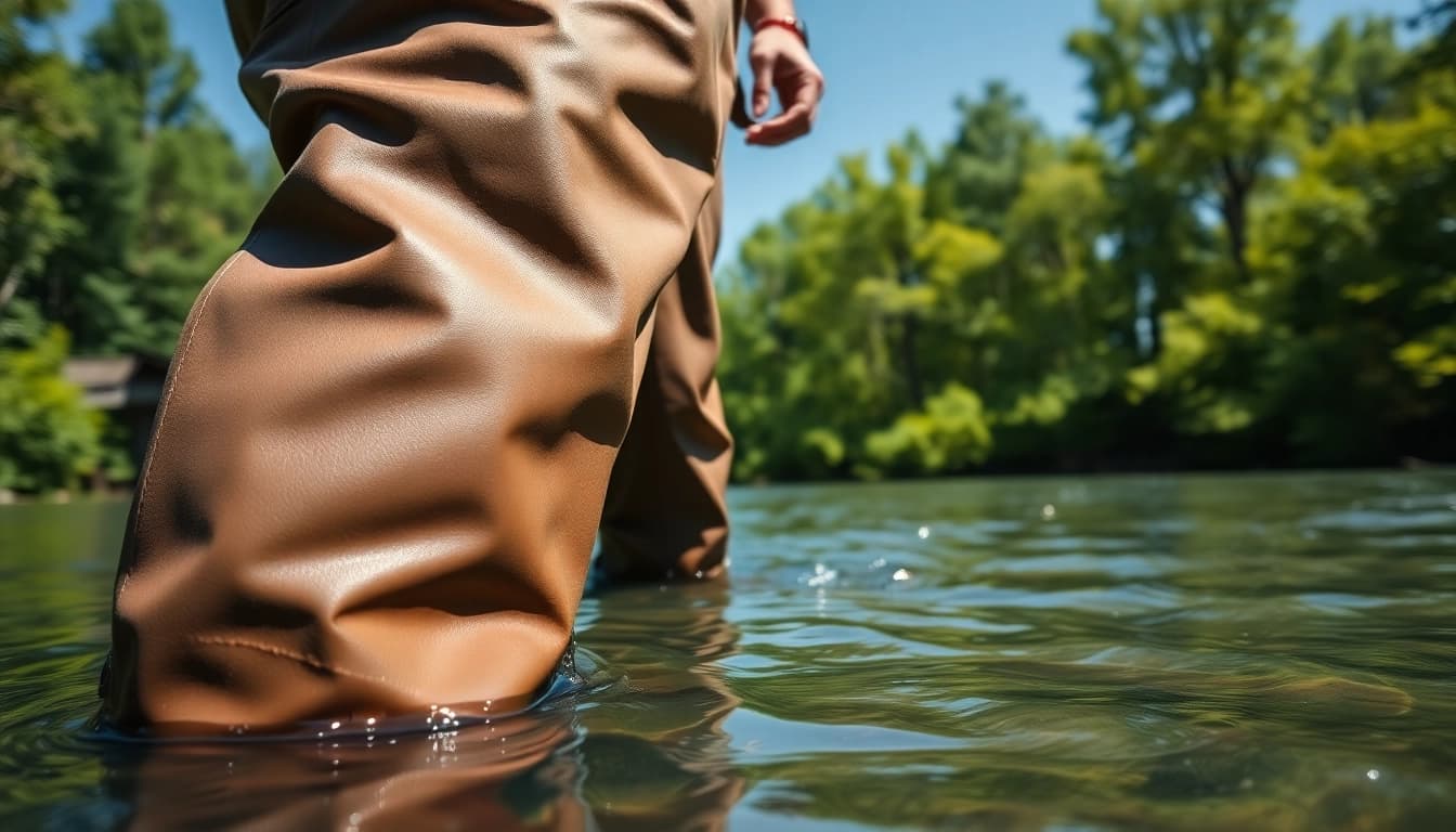 Fisherman in fly fishing waders standing in a river, highlighting their rugged design and functionality.