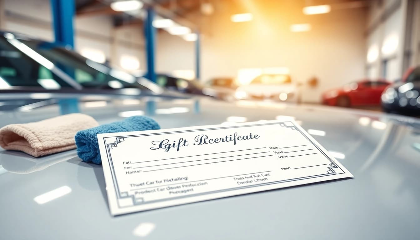 Gift certificate for car detailing sitting on a glossy car hood surrounded by detailing tools.