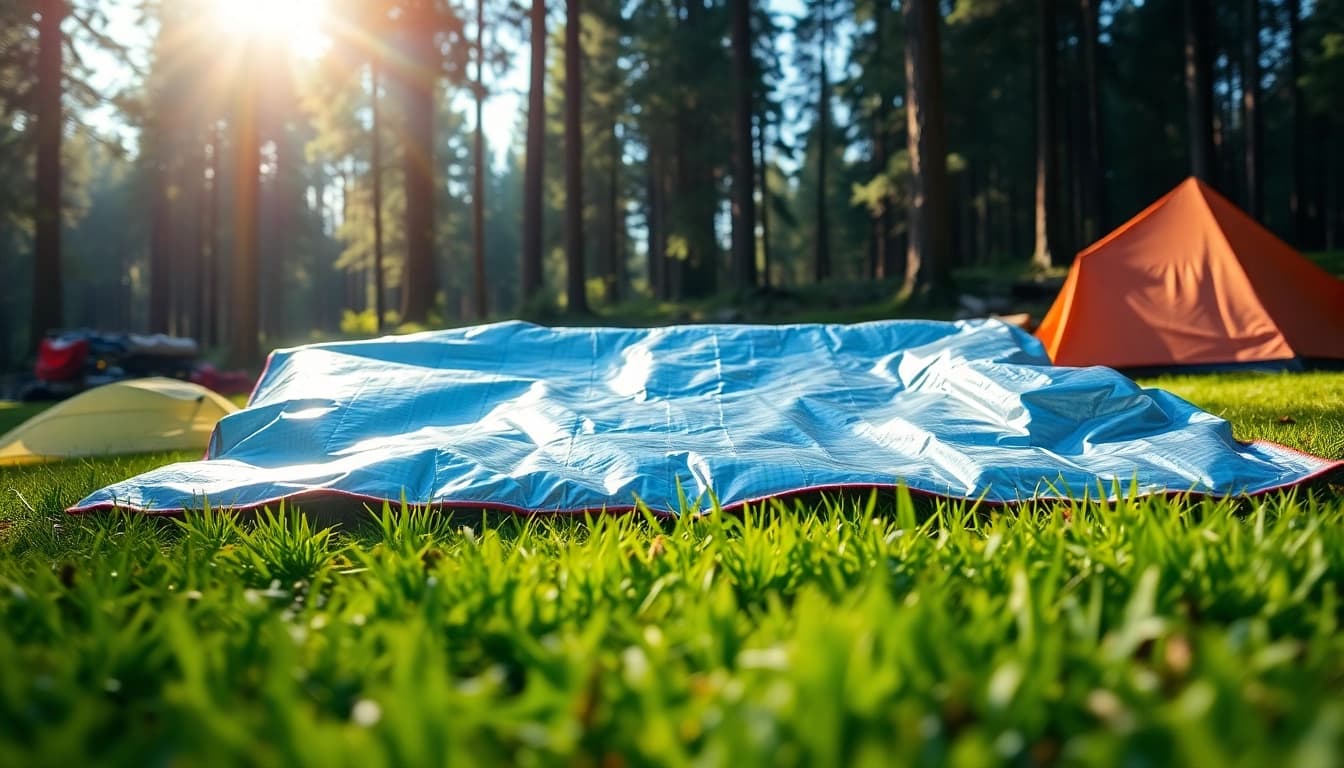 Unfolded emergency blanket glistens in sunlight, showcasing its reflective features outdoors.