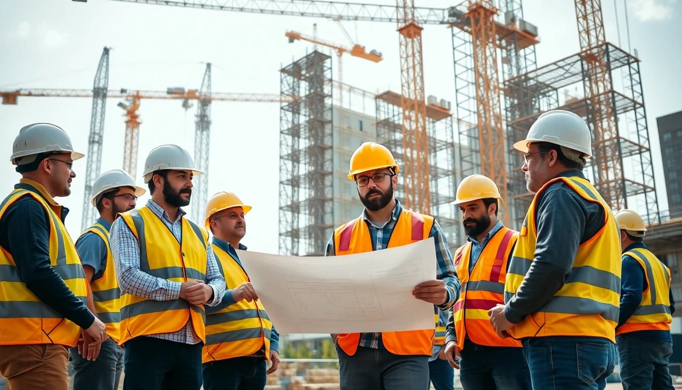 A New York General Contractor directs a busy construction team at a vibrant building site, showcasing skilled teamwork.