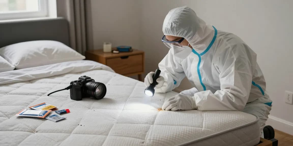 Bed bug exterminators inspecting a mattress for infestations with professional tools for effective treatment