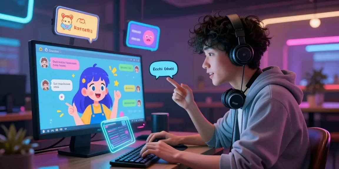 Engaging ecchi AI chat interaction with vibrant animated character in cozy digital lounge.