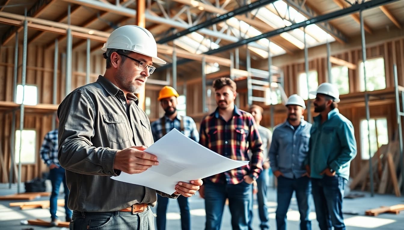 Austin general contractor collaborating on a construction site with a diverse team.