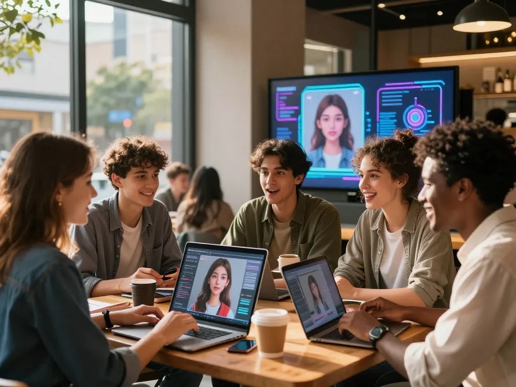 Engaging scene illustrating young adults with AI technology and customizable ai slut avatars in a modern café setting.