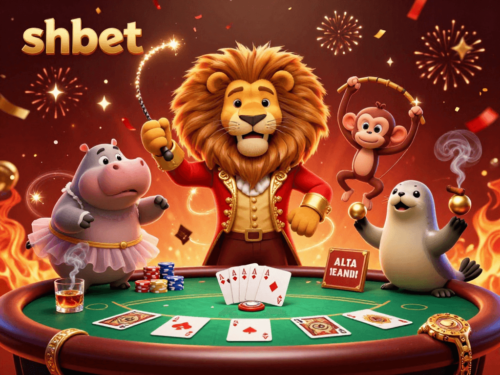 Engage with shbet's thrilling casino scene featuring a lion ringmaster, lively poker gameplay, and festive atmosphere.