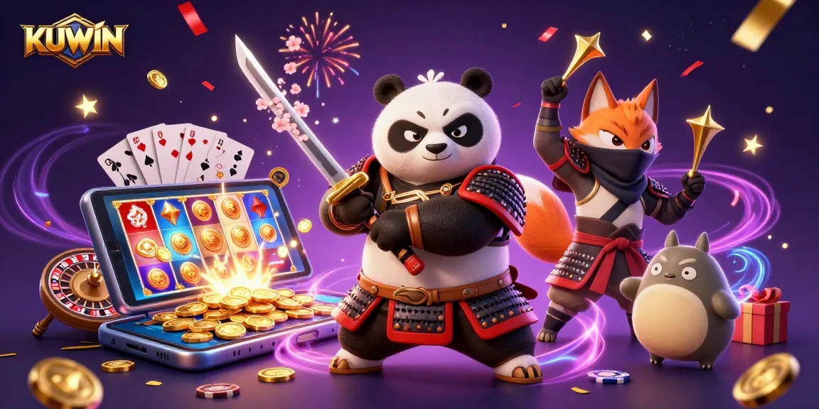 Experience thrilling gameplay at KUWIN with a 3D cartoon scene of a samurai panda and friends amidst casino excitement.