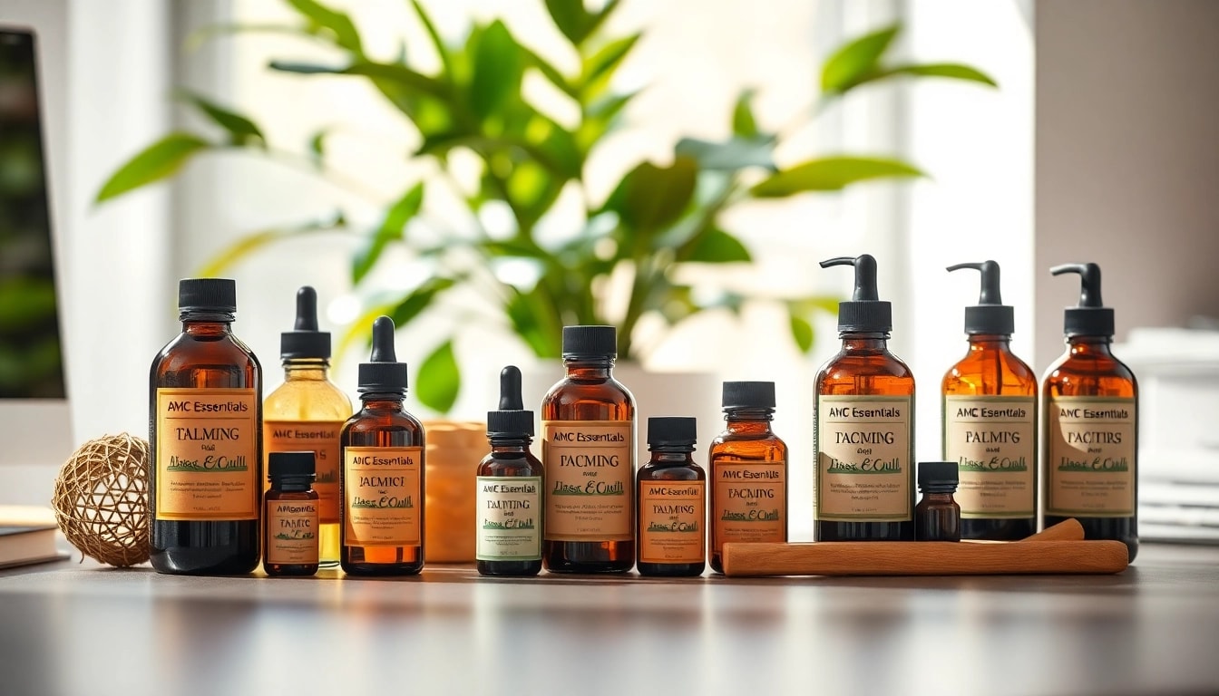 Showcase AMC Essentials products on a modern desk, highlighting wellness and natural living.