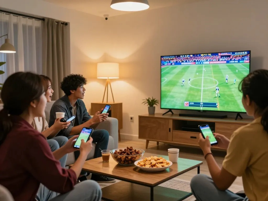 Engaging scene of friends using smartphones to xem bóng đá trực tuyến and place bets while enjoying a football match at home.