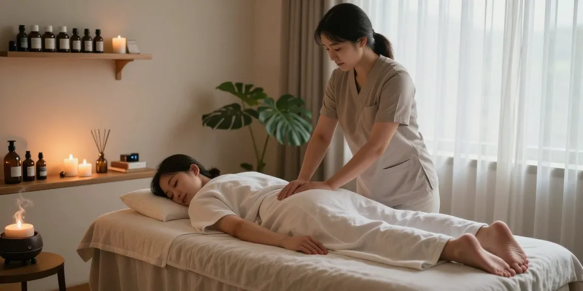 영종도출장마사지 in a serene massage therapy room with calming ambiance and professional setup.
