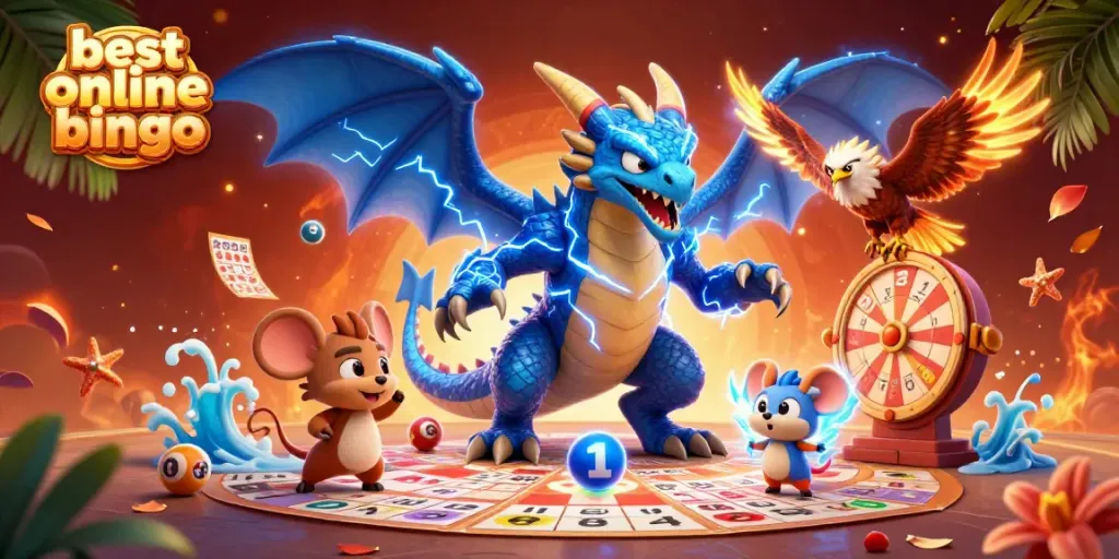 Engage with the best online bingo in a lively scene featuring a thunder dragon, a wind hawk, and bingo game elements.