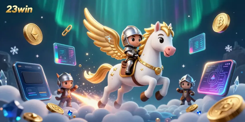 Experience the thrill of 23win with a vibrant celestial scene showcasing iconic casino elements and characters.